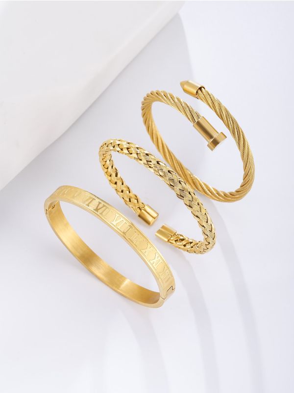 3pcs 18K Gold Plated Letter Detail Bangle