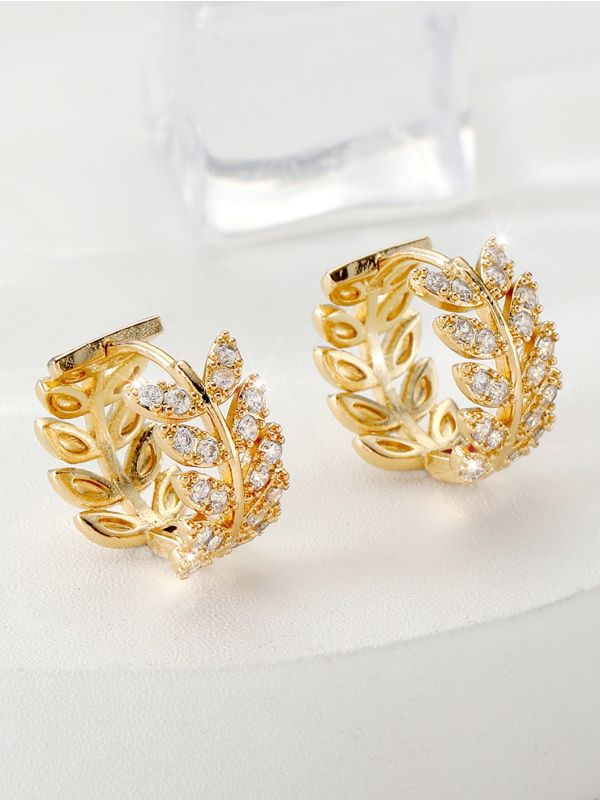 18K Gold Plated Zircon Decor Leaf Design Hoop Earrings