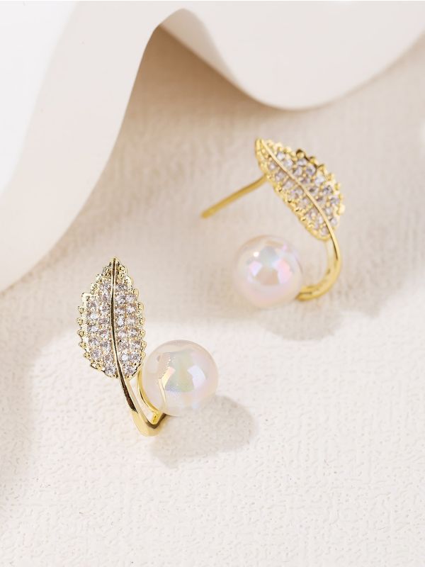 14K Gold Plated Zircon Leaf Design Stud Earrings