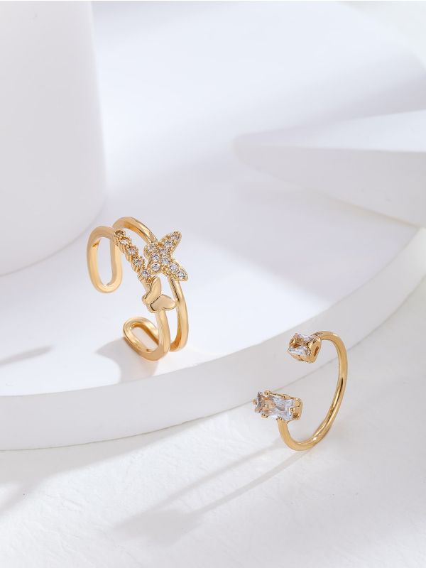 2pcs 16K Gold Plated Butterfly & Zircon Decor Cuff Ring