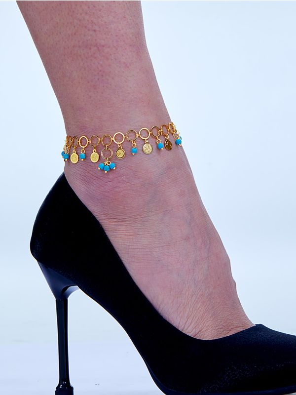 18K Gold Plated Round & Turquoise Charm Anklet