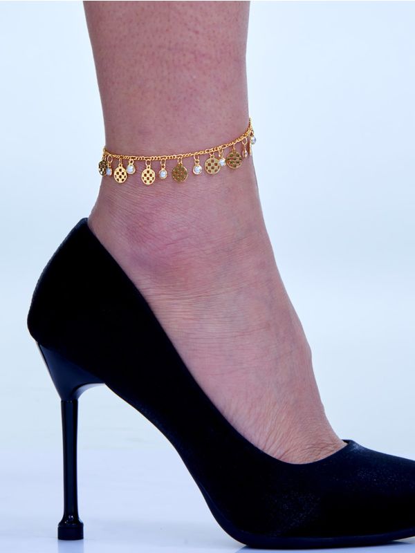 18K Gold Plated Round & Faux Pearl Charm Anklet