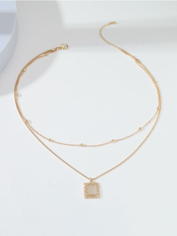 18K Gold Plated Zircon Square Layered Pendant Necklace