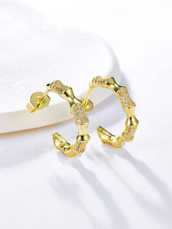 18K Gold Plated Zircon Decor Bamboo Joint Open Hoop Earrings