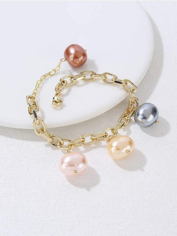 18K Gold Plated Faux Pearl Charm Chain Bracelet