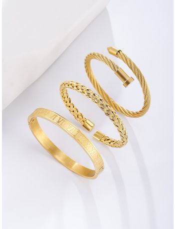 3pcs 18K Gold Plated Letter Detail Bangle