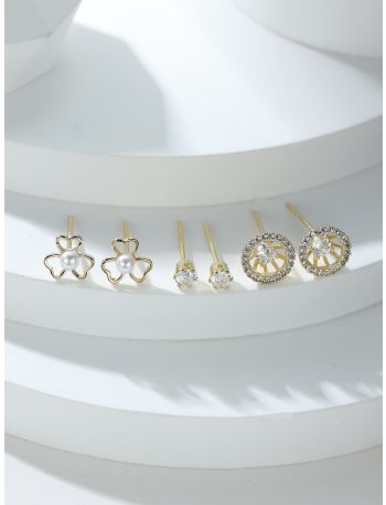 3pairs 18K Gold Plated Zircon Decor Stud Earrings