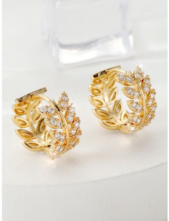 18K Gold Plated Zircon Decor Leaf Design Hoop Earrings