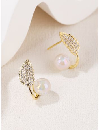 14K Gold Plated Zircon Leaf Design Stud Earrings