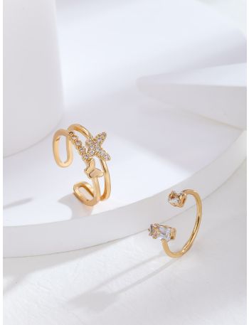 2pcs 16K Gold Plated Butterfly & Zircon Decor Cuff Ring