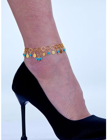 18K Gold Plated Round & Turquoise Charm Anklet