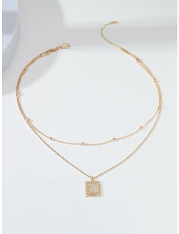 18K Gold Plated Zircon Square Layered Pendant Necklace