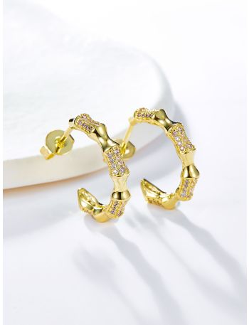 18K Gold Plated Zircon Decor Bamboo Joint Open Hoop Earrings