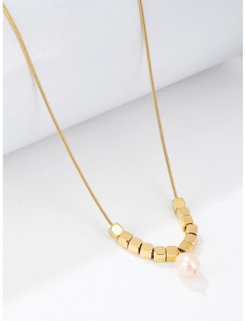 14K Gold Plated Cube Decor Faux Pearl Charm Necklace