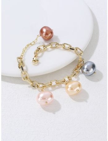 18K Gold Plated Faux Pearl Charm Chain Bracelet